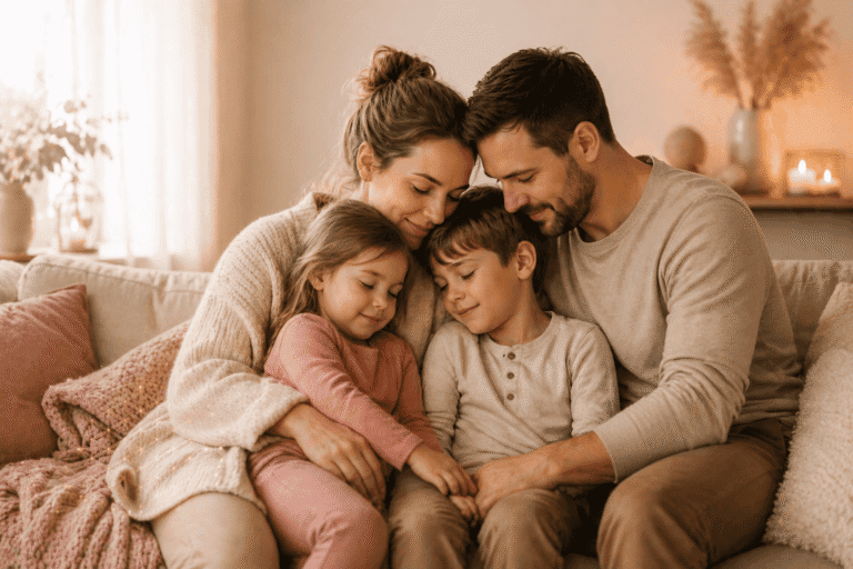 Glückliche Familie mit zwei Kindern auf dem Sofa als Symbol für mehr Familienharmonie durch energetischen Ferntermin