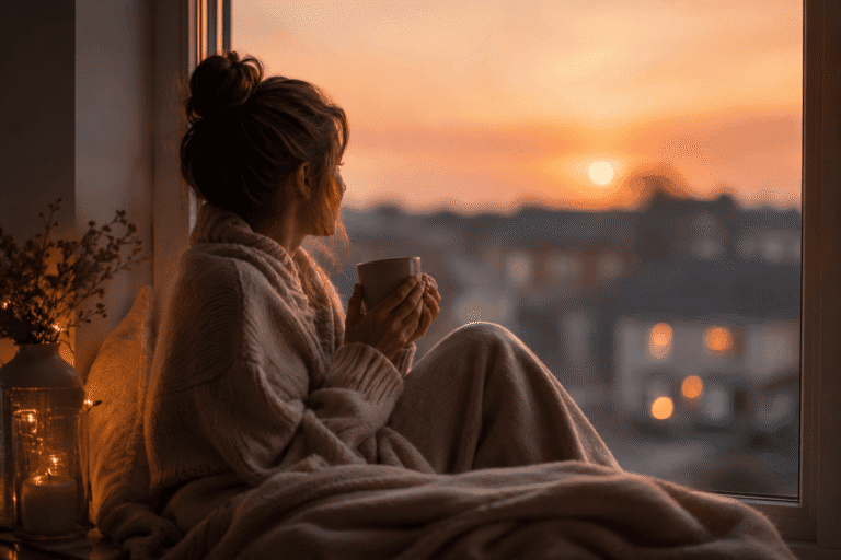 Feinfühlige Frau sitzt mit Tee am Fenster im Abendlicht und wirkt erschöpft und nachdenklich