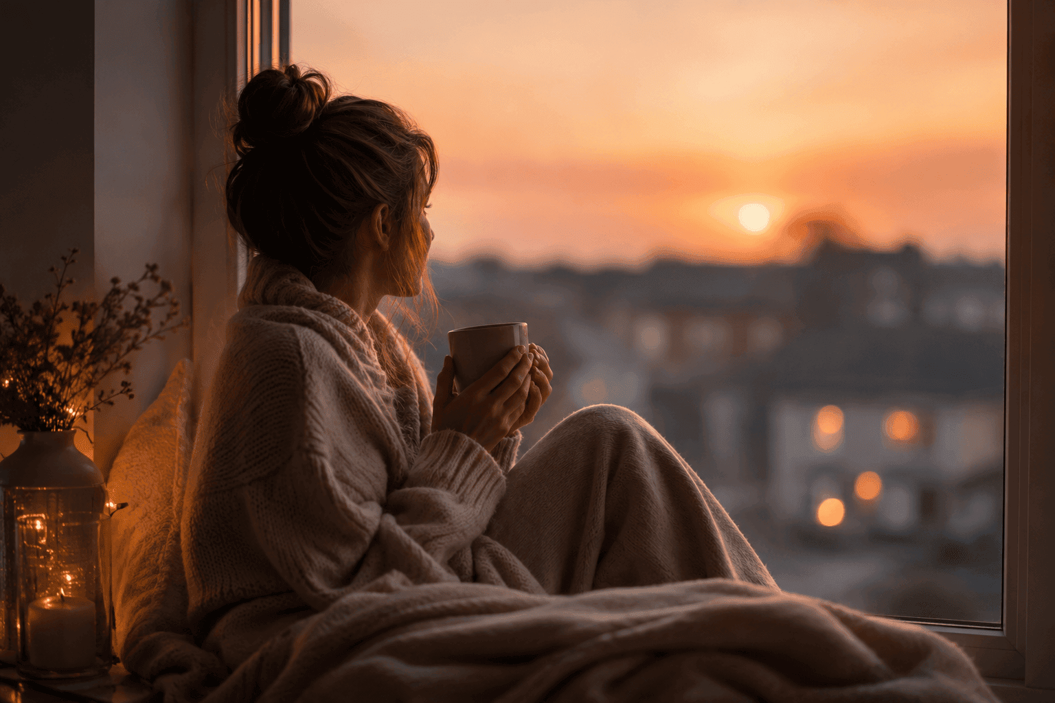 Feinfühlige Frau sitzt mit Tee am Fenster im Abendlicht und wirkt erschöpft und nachdenklich