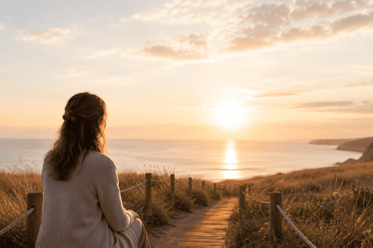 Frau blickt auf den Sonnenaufgang am Meer als Symbol für innere Klarheit und Orientierung durch eine Seelenbotschaft.