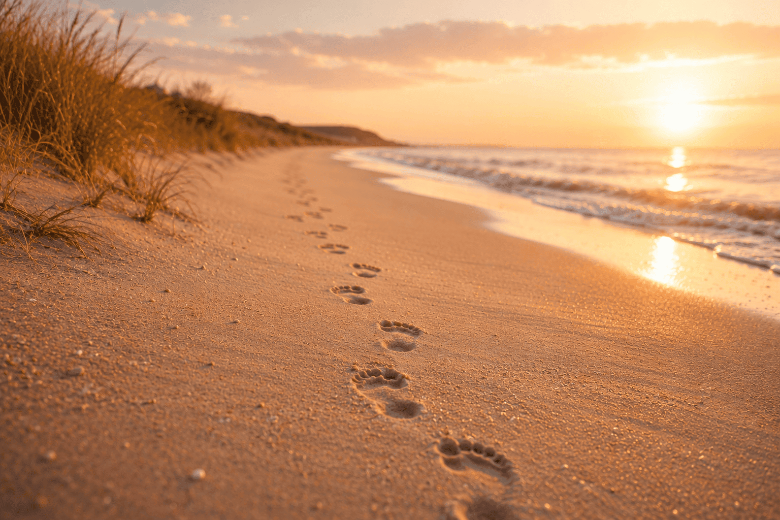 Fußspuren im Sand als Symbol für den Weg zu dir selbst und die Frage, warum man immer wieder gleich reagiert.